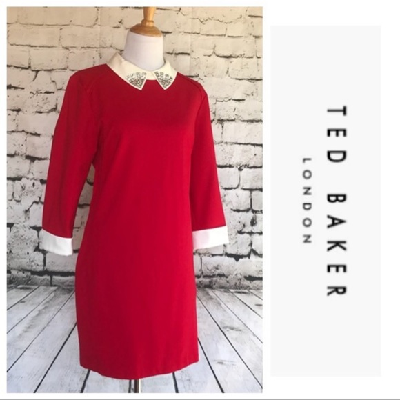 Ted Baker London Dresses & Skirts - Ted baker red and white dress with embellished stone on the neck collard